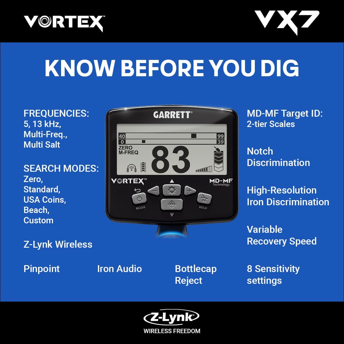 Kırıkkale Garrett Vortex VX7 Dedektör - VX7 hedef ID ekranı, iki katmanlı MD-MF okuma ile demir ve iletken hedefleri ayırmaya yardım eder.